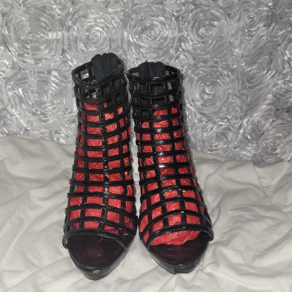 Luichiny Black patented leather cage stiletto heels